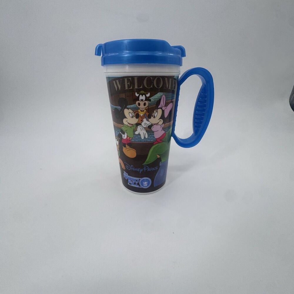 Disney Parks Blue Rapid Fill Mug w/ Lid Mickey Minnie Pluto Donald Whirley Cup